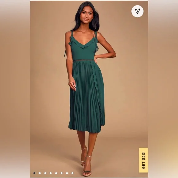midi dress engagement party Emerald Green Pleated Satin Midi Dress 8 / Black main image 1